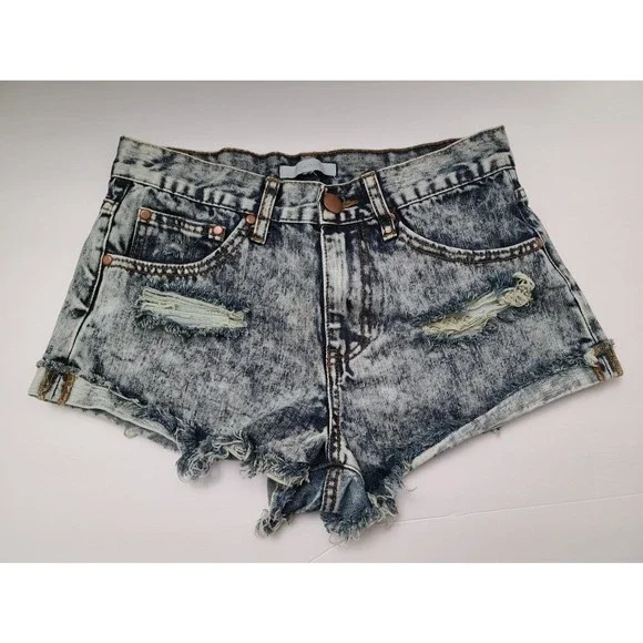 Olivaceous Womens Cut Off Distressed Mid-Rise Shorts Blue Cotton Denim Size L - Picture 2 of 6